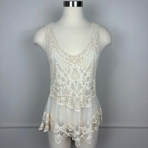 Bohemian Racer Back Tank Crochet Lace Ivory Top Size M Sheer Scalloped Hem Fairy